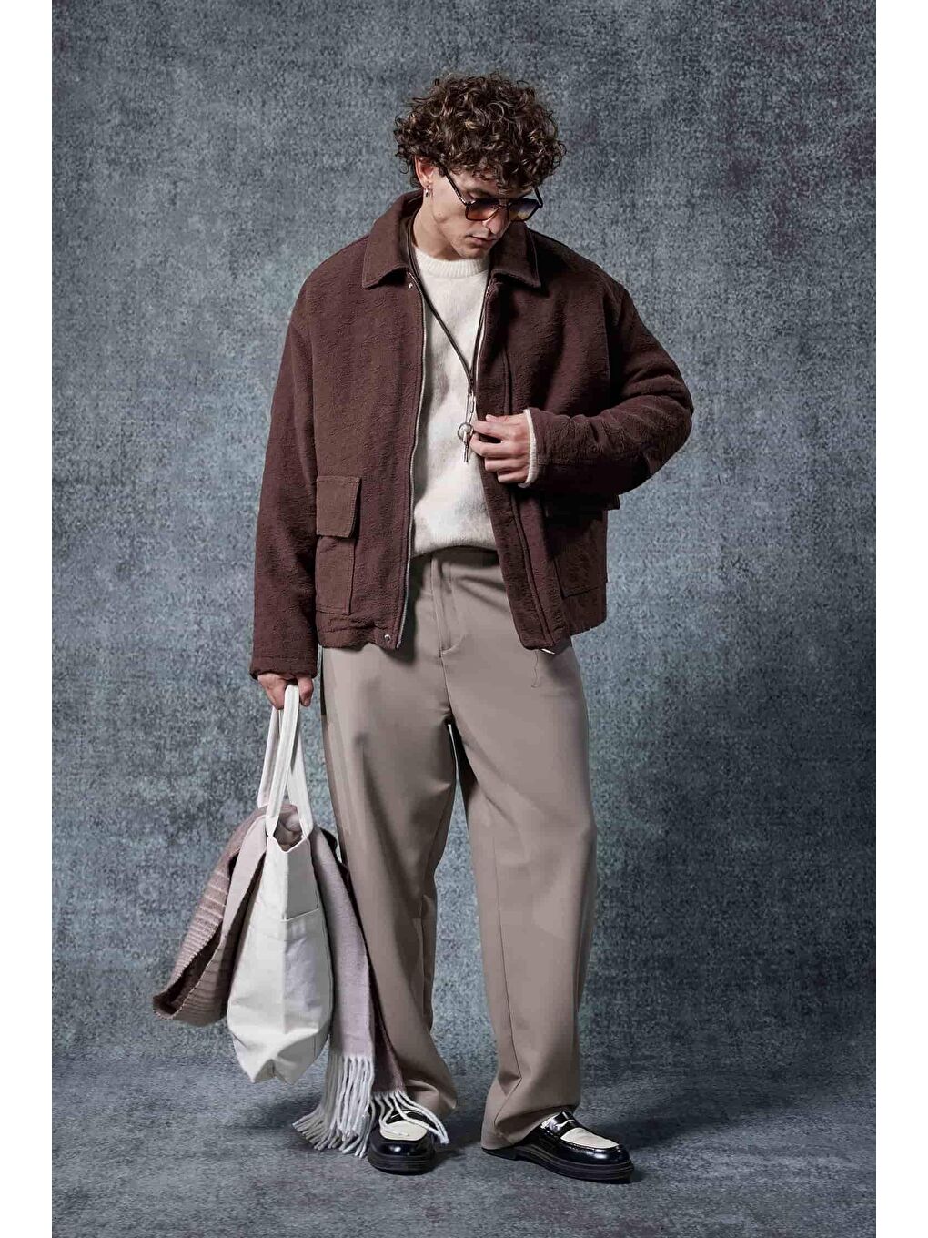 Erkek Boxy Fit Rahat Kesim Desenli Ceket Kahverengi-4