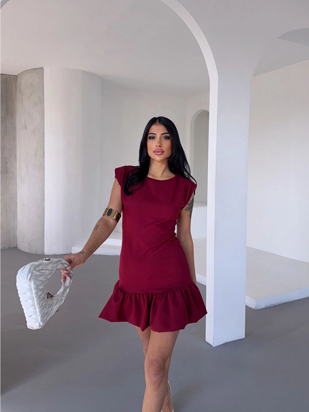 Kadın Bordo Vatkalı İthal Dooble Kumaş Kolsuz Mini Elbise HZL25S-FRY12274-3