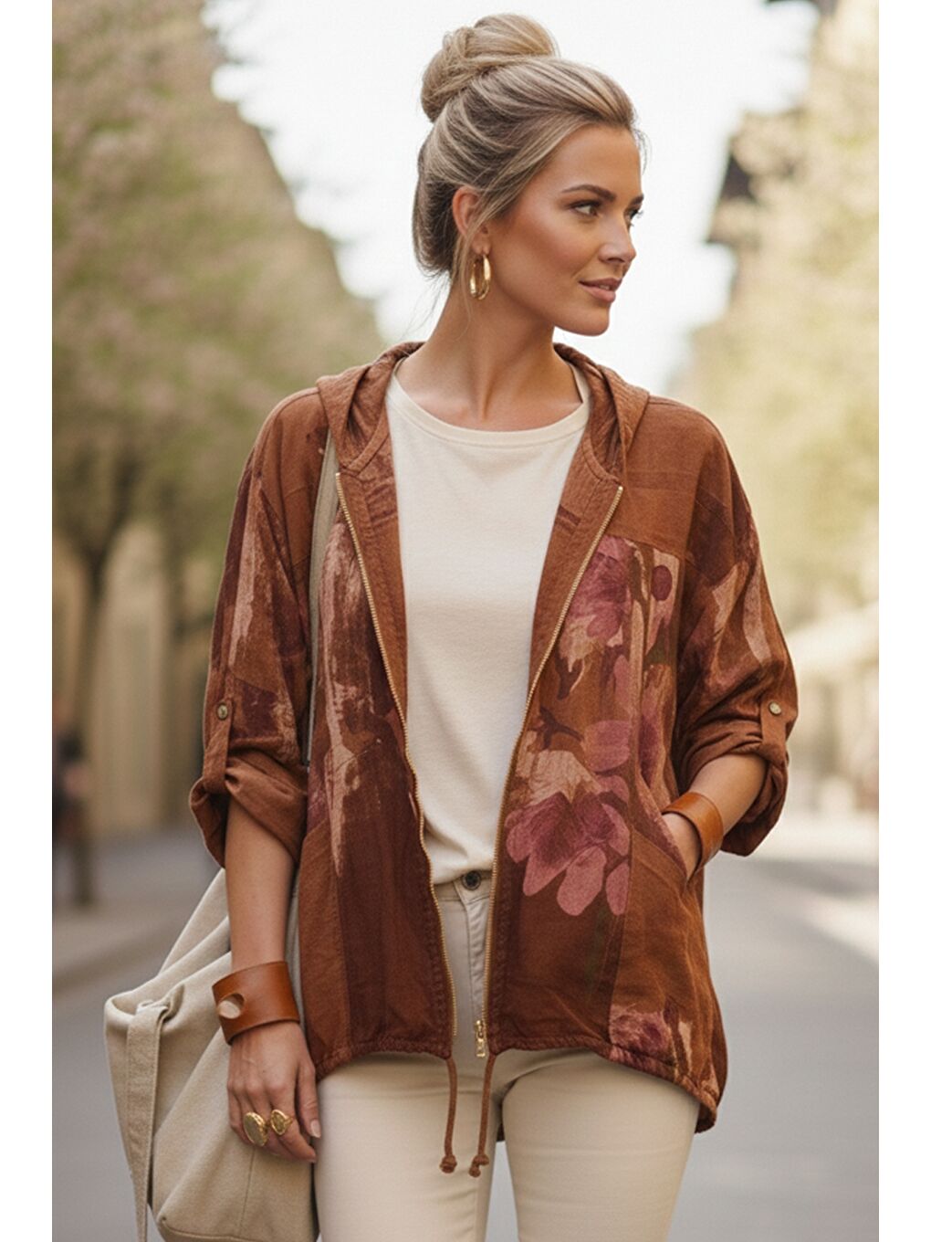 Kahverengi İtalyan Tarçın Rengi Kapüşonlu 3/4 Kol Fermuarlı Cepli Casual Keten Görünümlü Dokuma Ceket 68 65-1