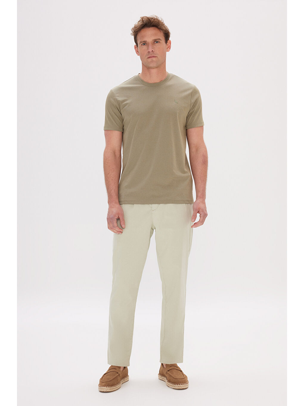 Erkek Haki Slim Fit Dar Kesim Bisiklet Yaka Pamuklu Tişört-1