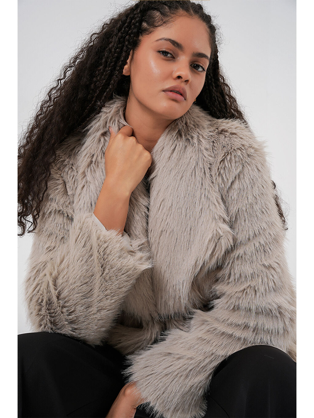 Bej Kadın Kemerli Oversize Kürklü Kaban 9156 - Taş