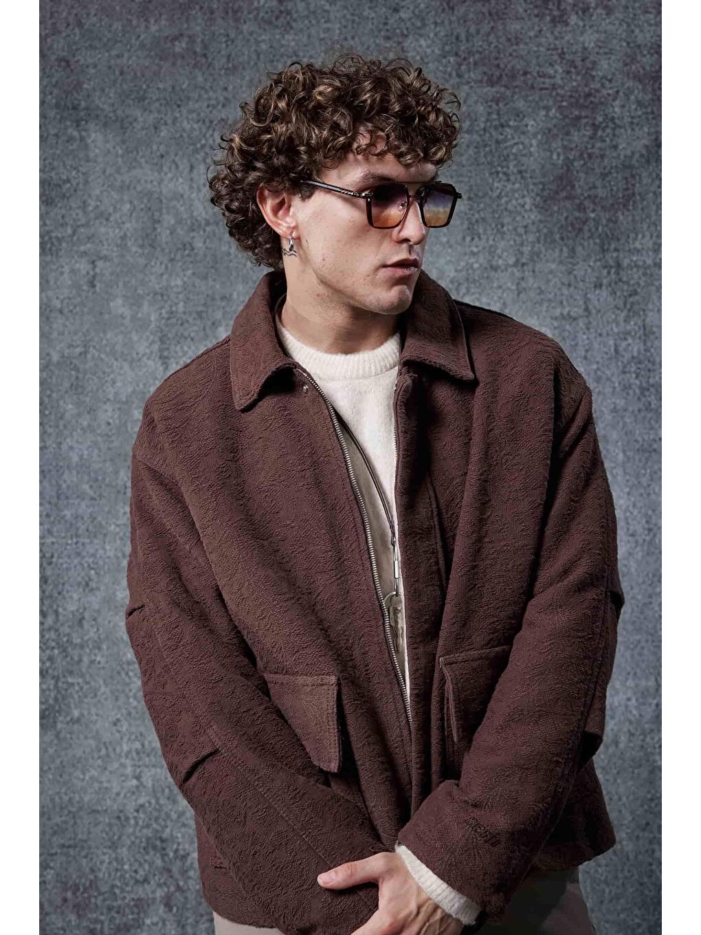 Erkek Boxy Fit Rahat Kesim Desenli Ceket Kahverengi-5