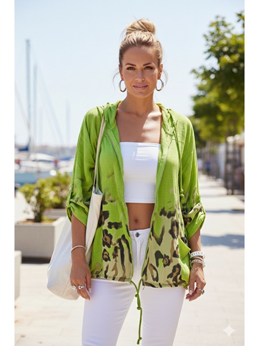 İtalyan Fıstık Yeşili Düğmeli Uzun Kollu Cepli Kapüşonlu Fermuarlı Regular Boy Dokuma Ceket 68 65