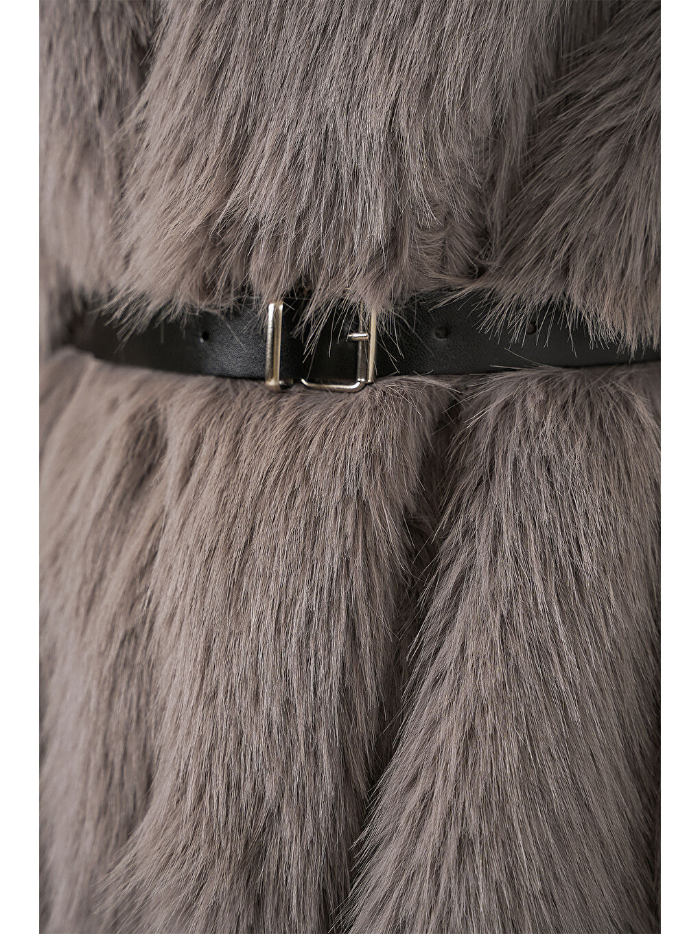 Gri Kadın Kemerli Oversize Kürklü Kaban 9156 - Füme-4
