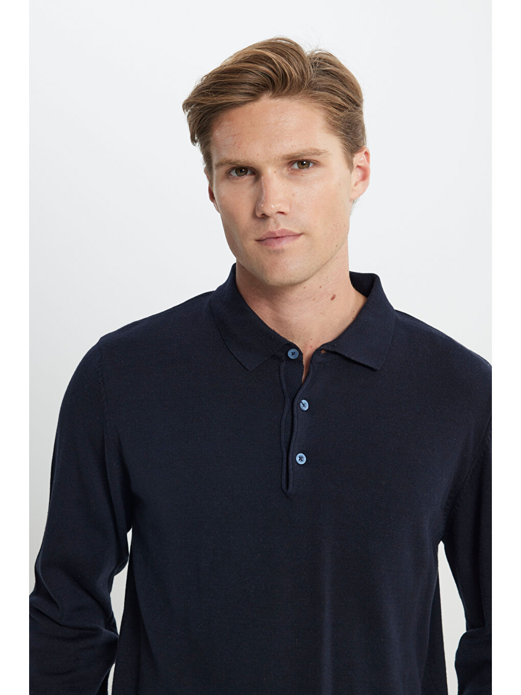 Erkek Lacivert Standart Fit Normal Kesim Polo Yaka Pamuklu Triko Kazak-3