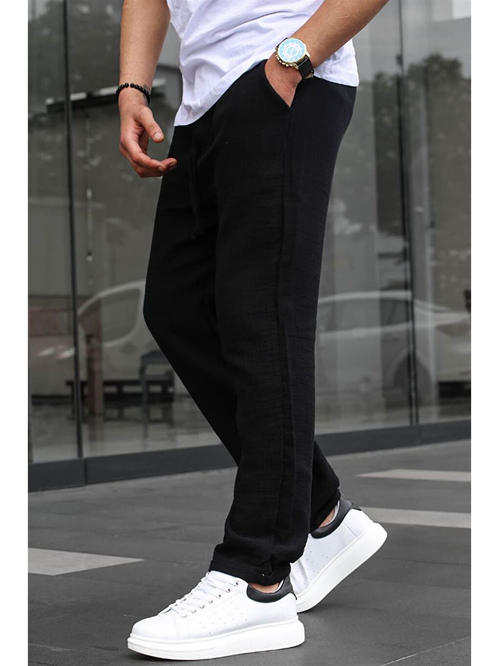 Siyah Müslin Kumaş Erkek Basic %100 Pamuk Pantolon 6507-1