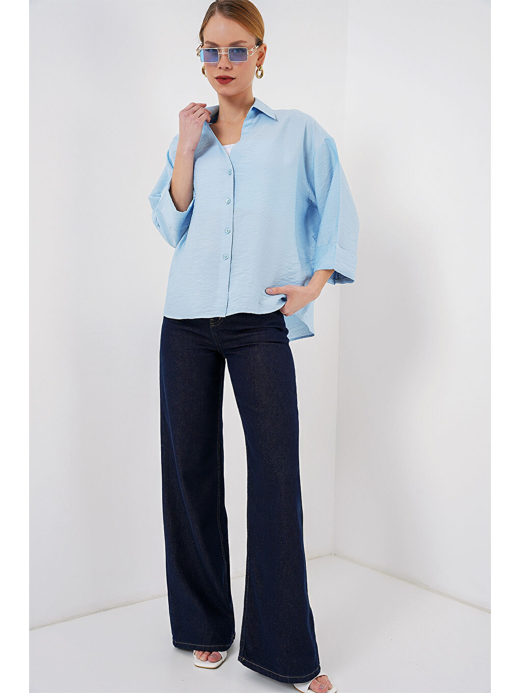 Kadın Oversize Kısa Kol Gömlek 20315 - Mavi-1