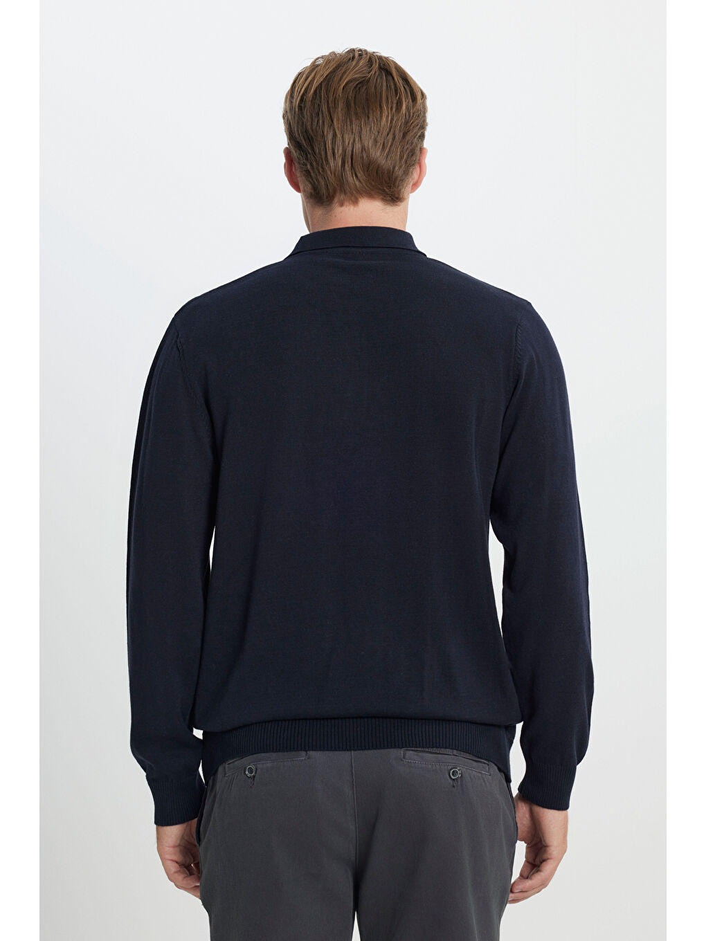 Erkek Lacivert Standart Fit Normal Kesim Polo Yaka Pamuklu Triko Kazak-4