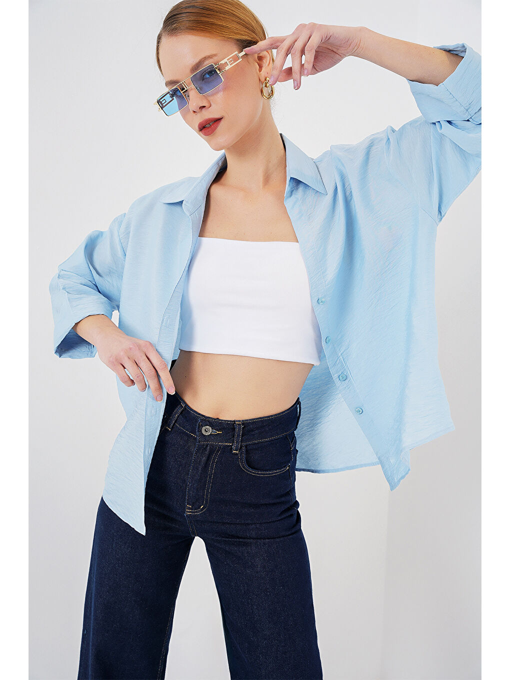 Kadın Oversize Kısa Kol Gömlek 20315 - Mavi-2