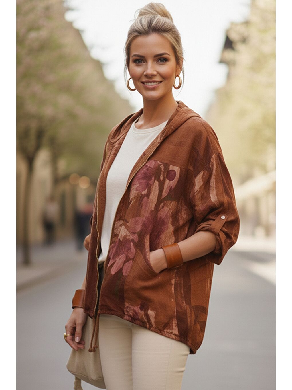 Kahverengi İtalyan Tarçın Rengi Kapüşonlu 3/4 Kol Fermuarlı Cepli Casual Keten Görünümlü Dokuma Ceket 68 65-2