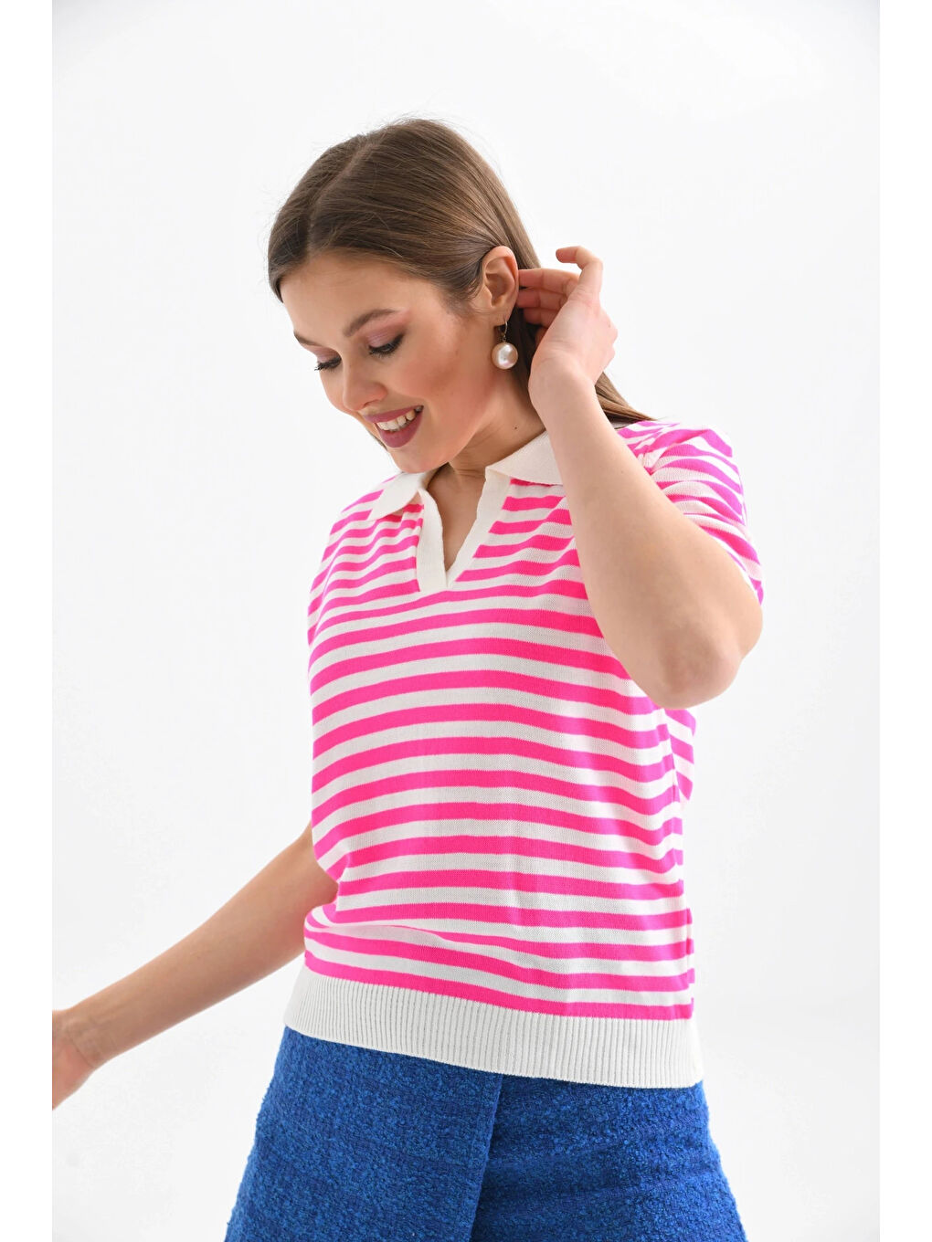 Pembe Kadın Polo Yaka Kısa Kol Çizgili Triko Kazak-1