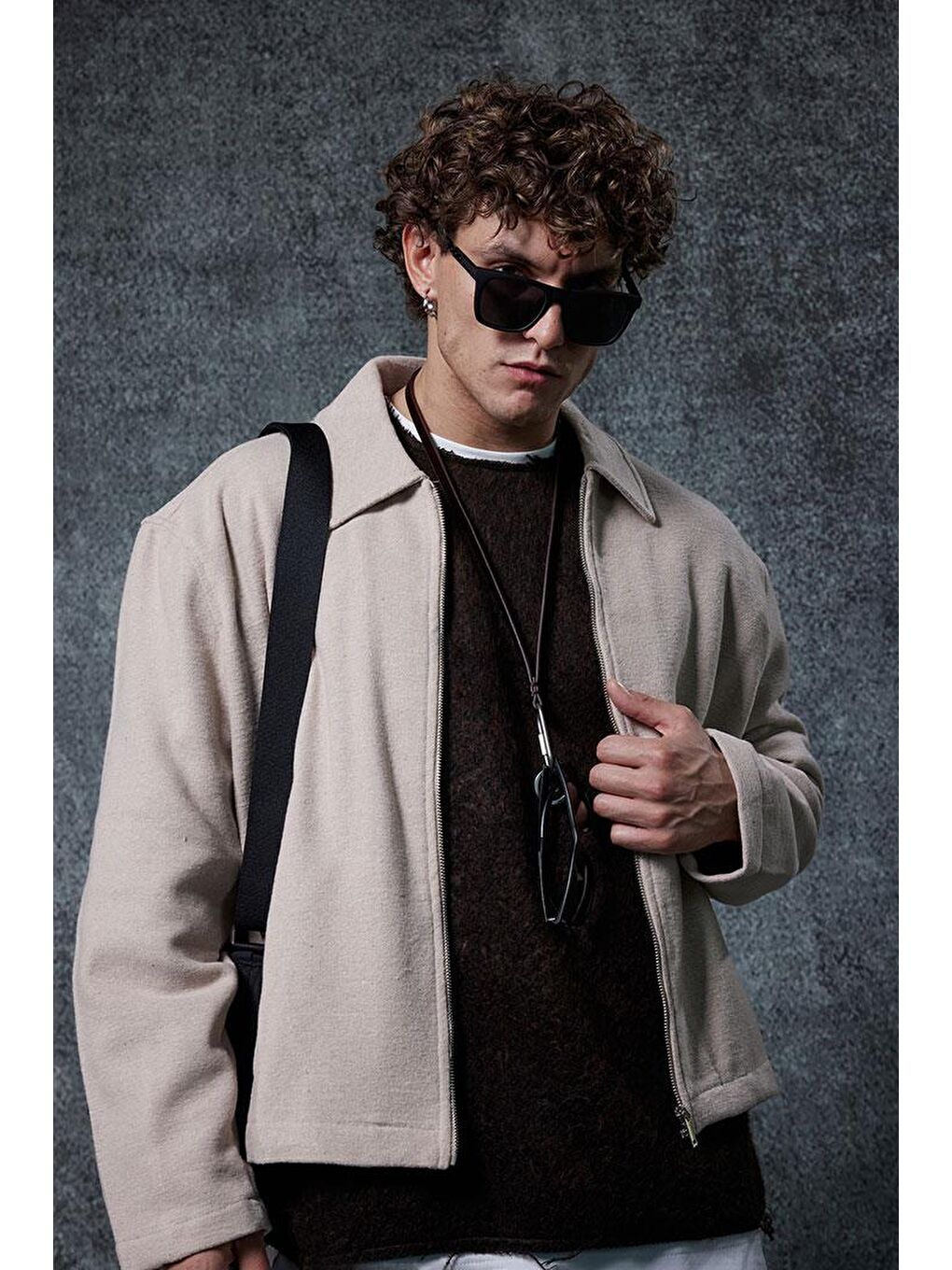 Erkek Oversize İnce Fermuarlı Ceket Bej-1