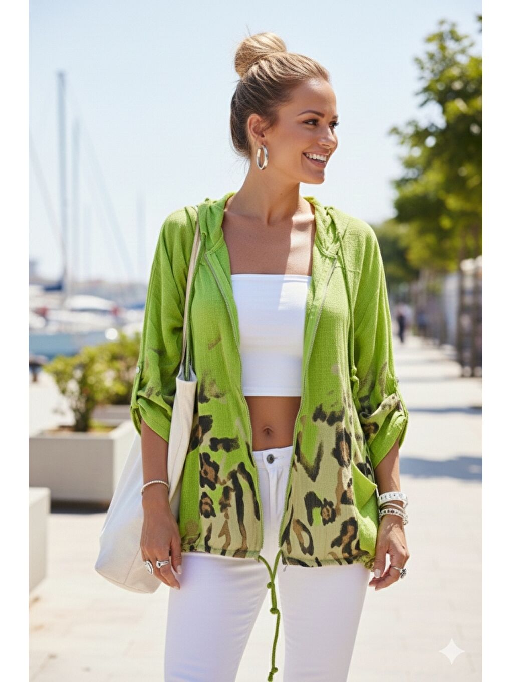 İtalyan Fıstık Yeşili Düğmeli Uzun Kollu Cepli Kapüşonlu Fermuarlı Regular Boy Dokuma Ceket 68 65-1