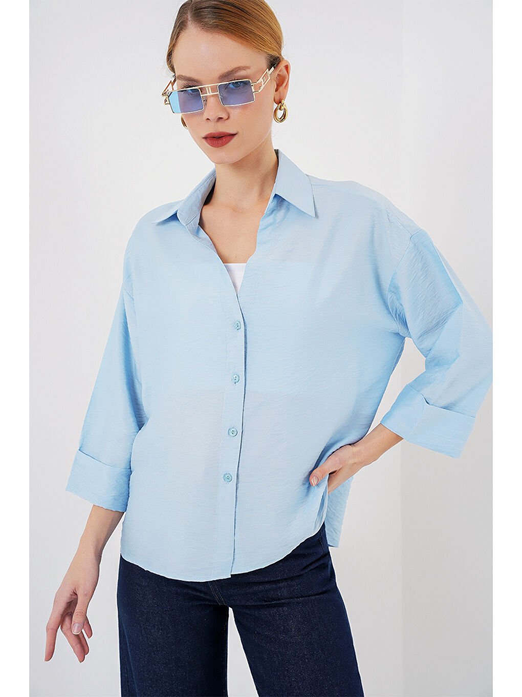 Kadın Oversize Kısa Kol Gömlek 20315 - Mavi-3
