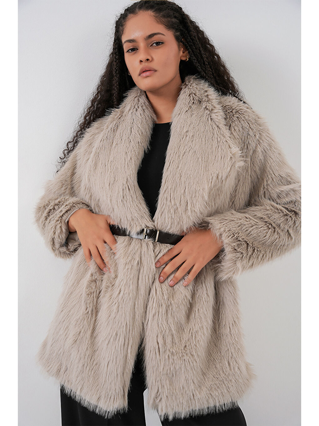 Bej Kadın Kemerli Oversize Kürklü Kaban 9156 - Taş-2