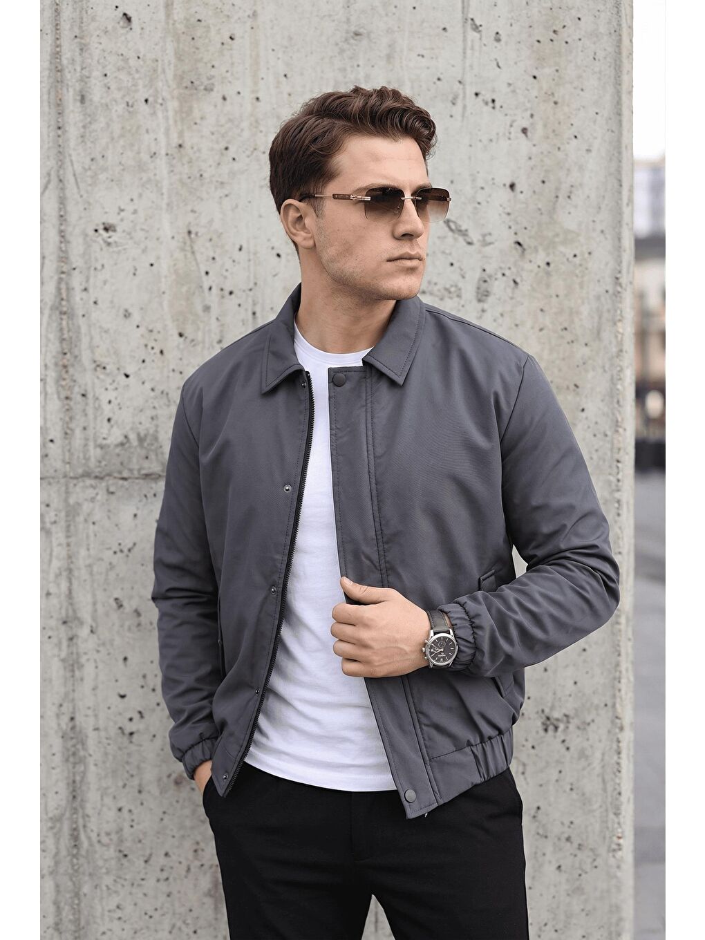 Gri Muxi Slim Fit Fermuarlı ve Çıtçıt Korumalı Astarlı Suya Dayanıklı Erkek Mevsimlik Bomber Ceket