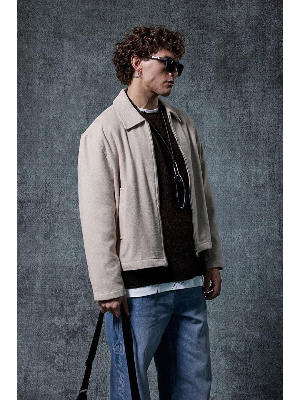 Erkek Oversize İnce Fermuarlı Ceket Bej-2