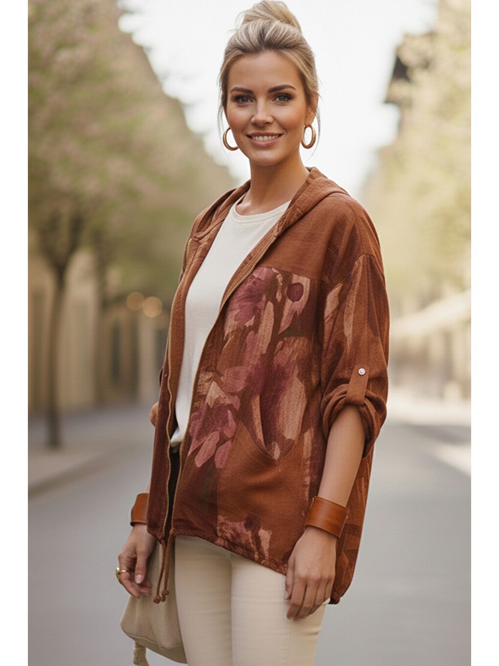 Kahverengi İtalyan Tarçın Rengi Kapüşonlu 3/4 Kol Fermuarlı Cepli Casual Keten Görünümlü Dokuma Ceket 68 65-3