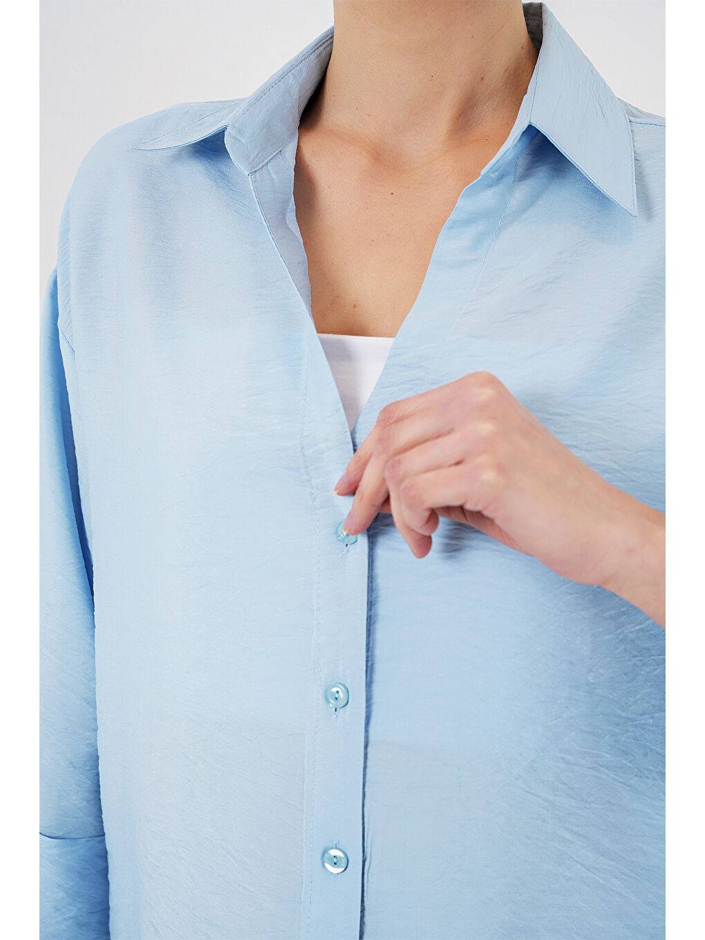 Kadın Oversize Kısa Kol Gömlek 20315 - Mavi-4