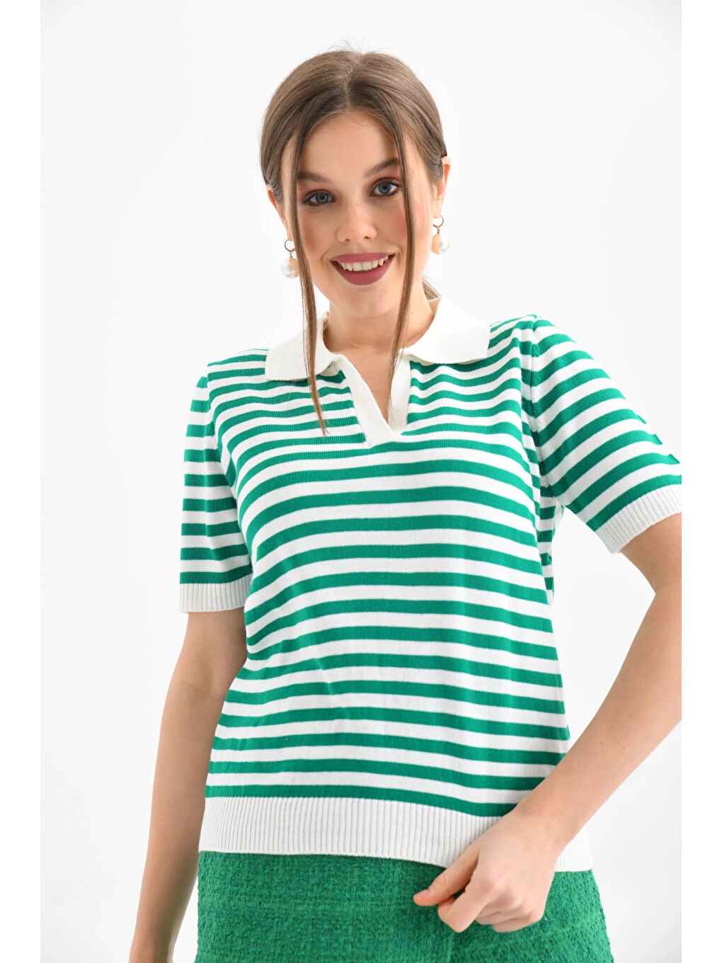 Yeşil Kadın Polo Yaka Kısa Kol Çizgili Triko Kazak-2