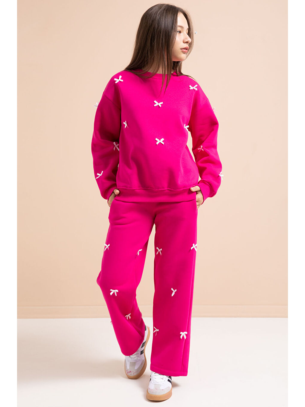 Fuşya Fiyonk Nakışlı Bisiklet Yaka Kız Çocuk Şardonlu Eşofman Takımı 21286-4