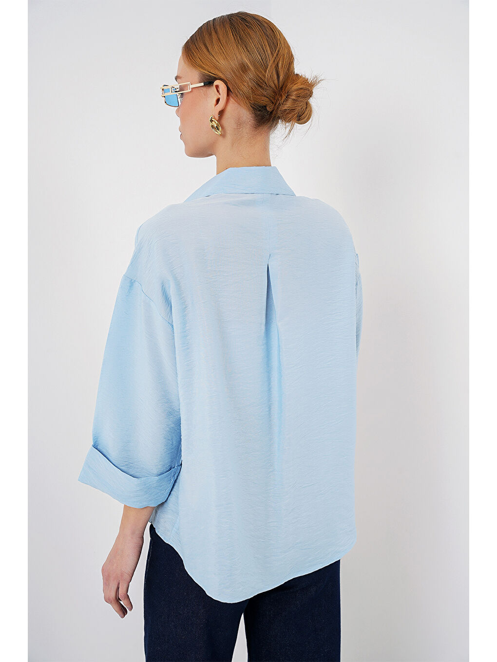 Kadın Oversize Kısa Kol Gömlek 20315 - Mavi-5