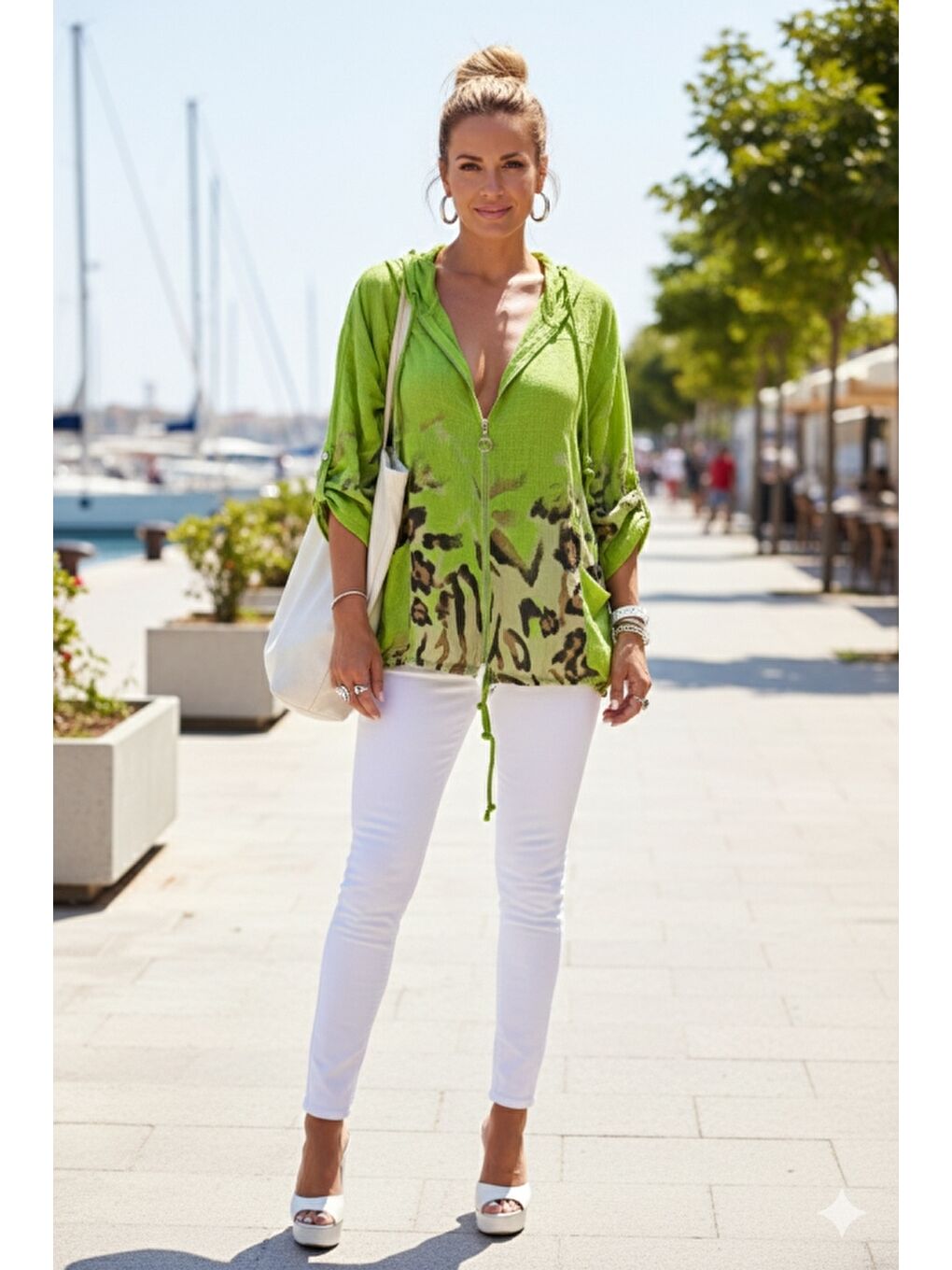 İtalyan Fıstık Yeşili Düğmeli Uzun Kollu Cepli Kapüşonlu Fermuarlı Regular Boy Dokuma Ceket 68 65-4