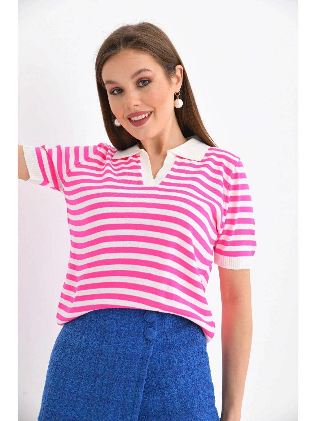 Pembe Kadın Polo Yaka Kısa Kol Çizgili Triko Kazak-2