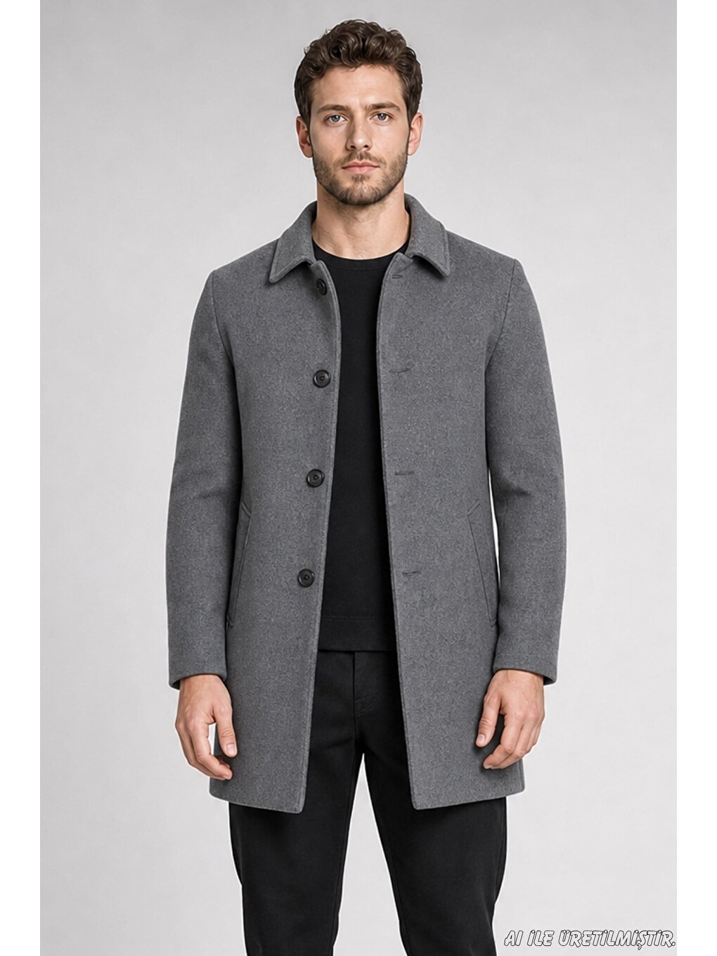 Antrasit Erkek Slim Fit Klasik Yaka 3 Düğmeli Kısa Kaşe Kaban