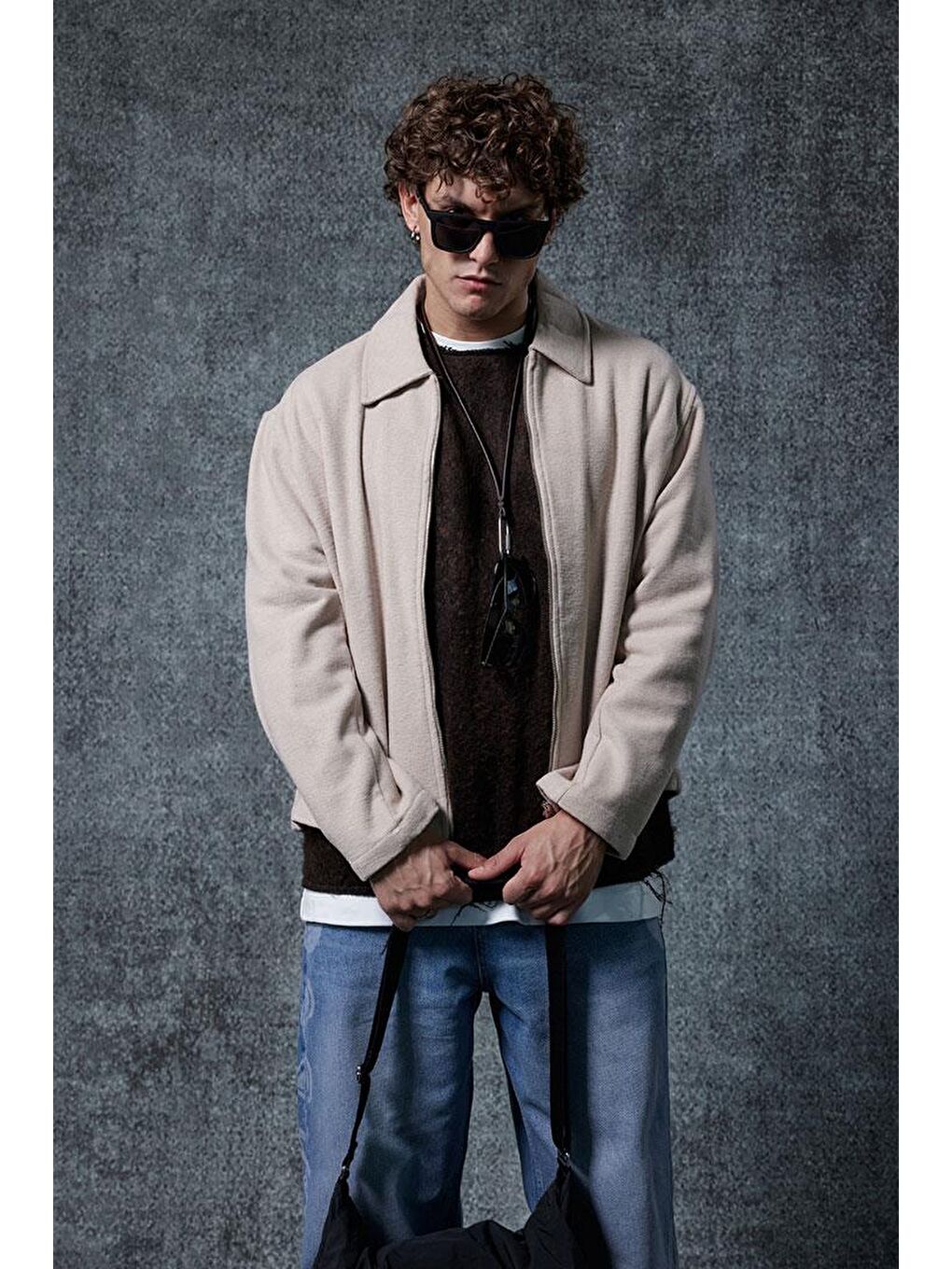 Erkek Oversize İnce Fermuarlı Ceket Bej-3