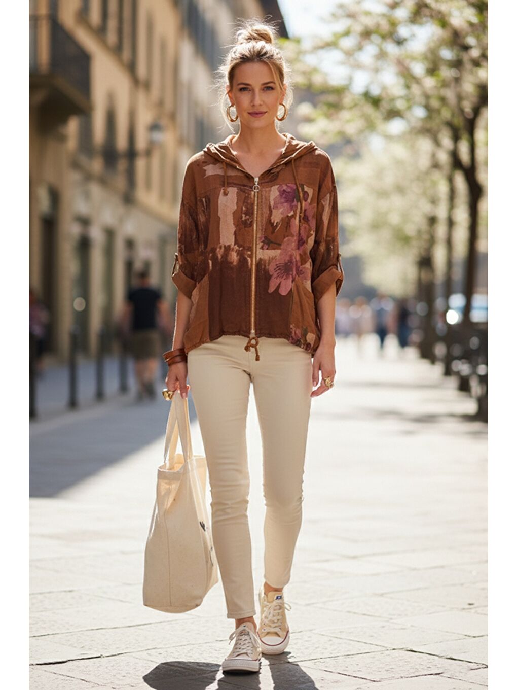 Kahverengi İtalyan Tarçın Rengi Kapüşonlu 3/4 Kol Fermuarlı Cepli Casual Keten Görünümlü Dokuma Ceket 68 65-4