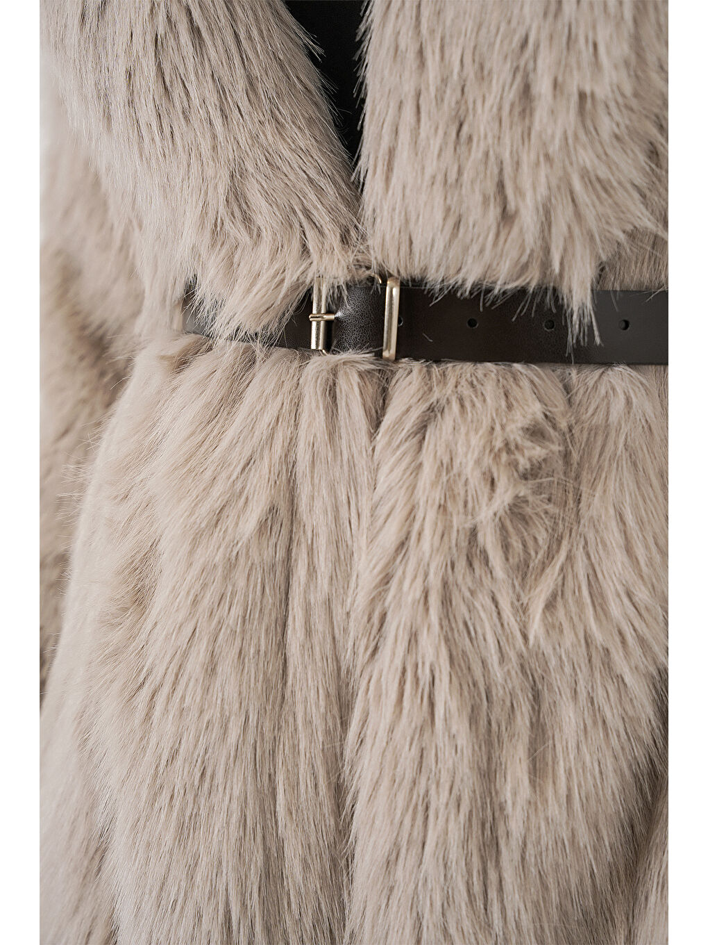 Bej Kadın Kemerli Oversize Kürklü Kaban 9156 - Taş-4
