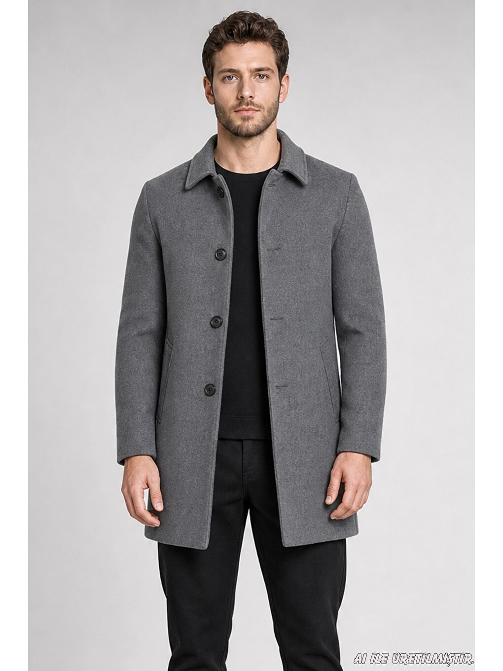 Antrasit Erkek Slim Fit Klasik Yaka 3 Düğmeli Kısa Kaşe Kaban-1