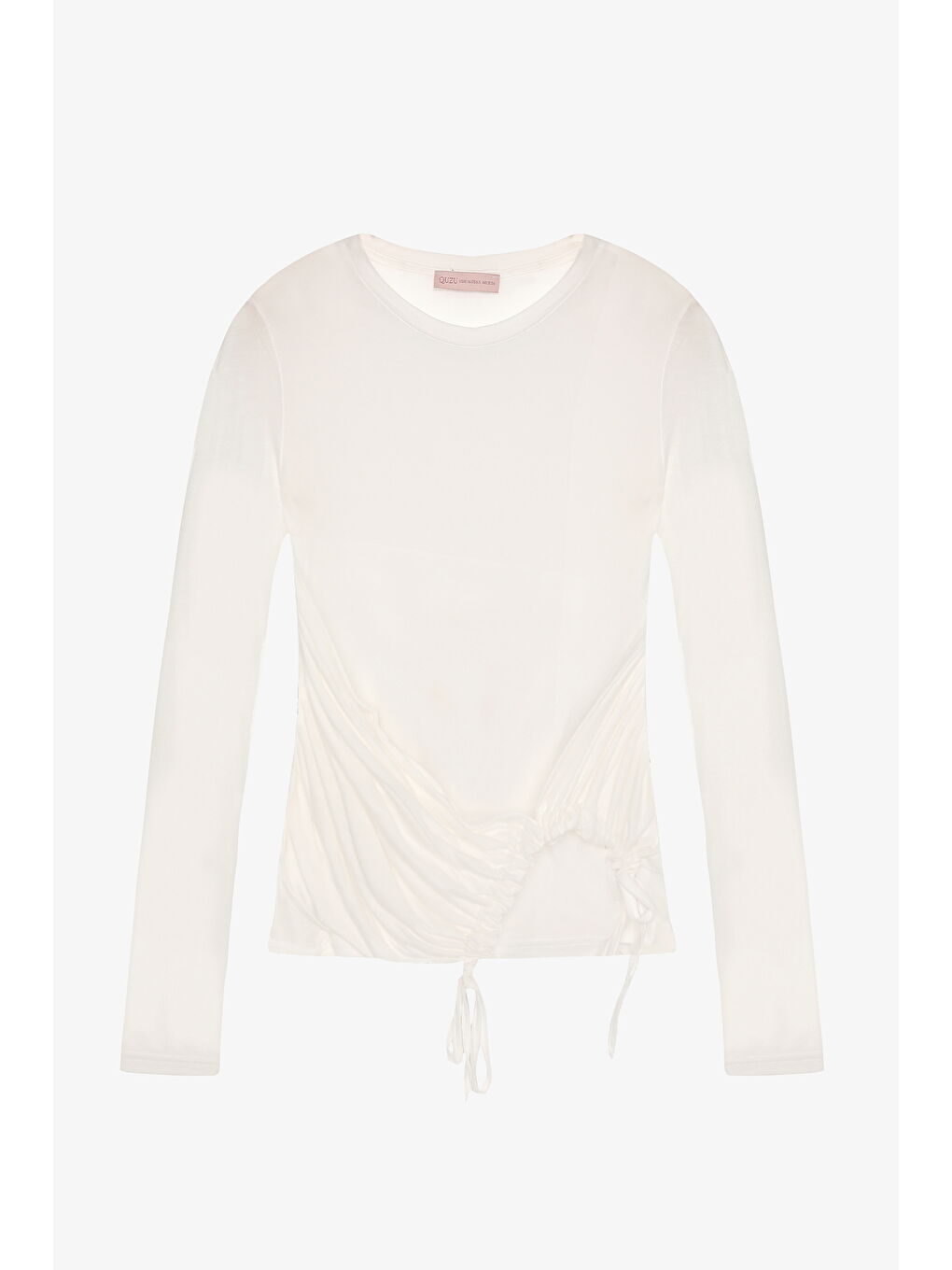 Yan Büzgülü Bağcıklı Transparan Bluz Ekru