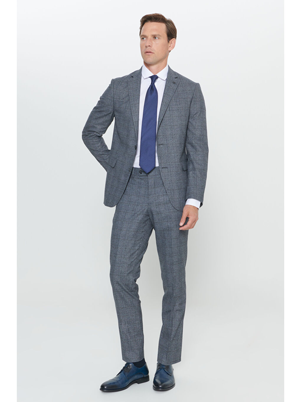 Erkek Gri-Mavi Slim Fit Dar Kesim Kareli Takım Elbise-2