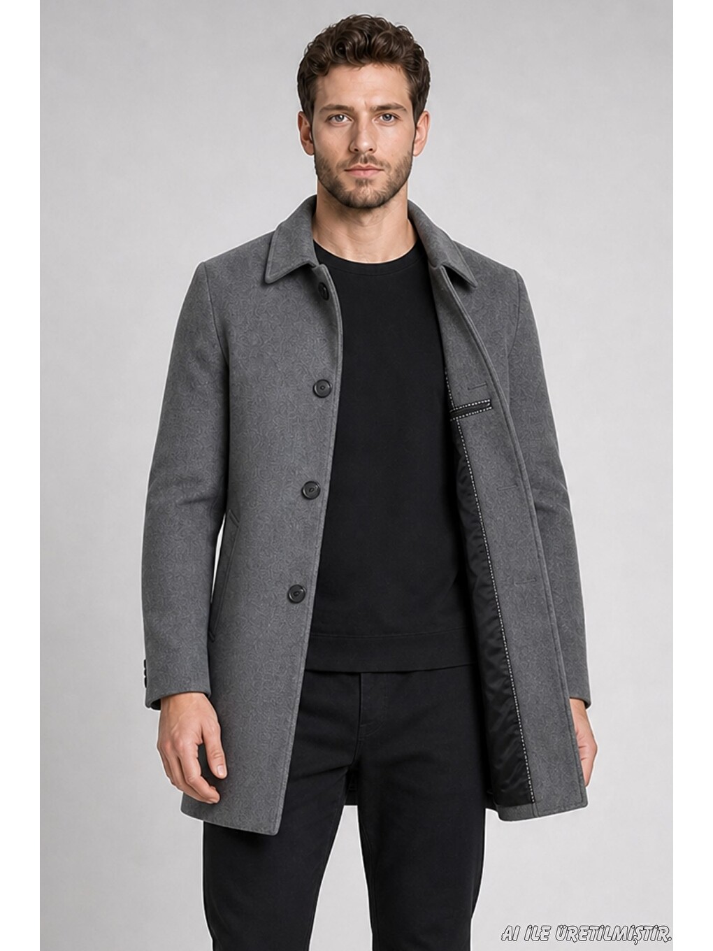 Antrasit Erkek Slim Fit Klasik Yaka 3 Düğmeli Kısa Kaşe Kaban-2