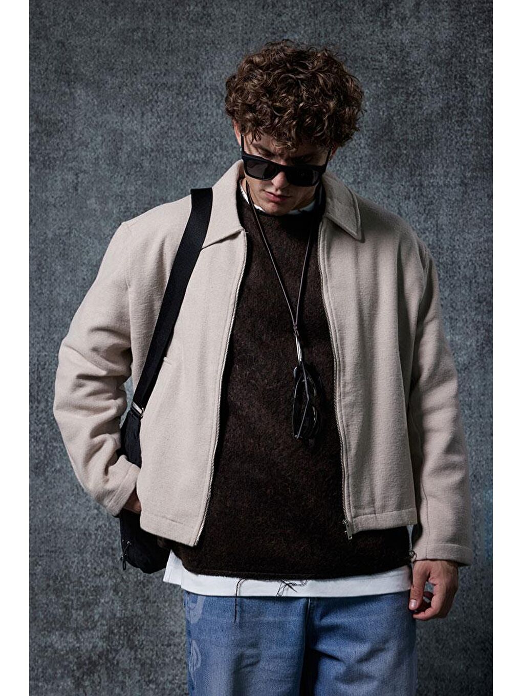 Erkek Oversize İnce Fermuarlı Ceket Bej-4