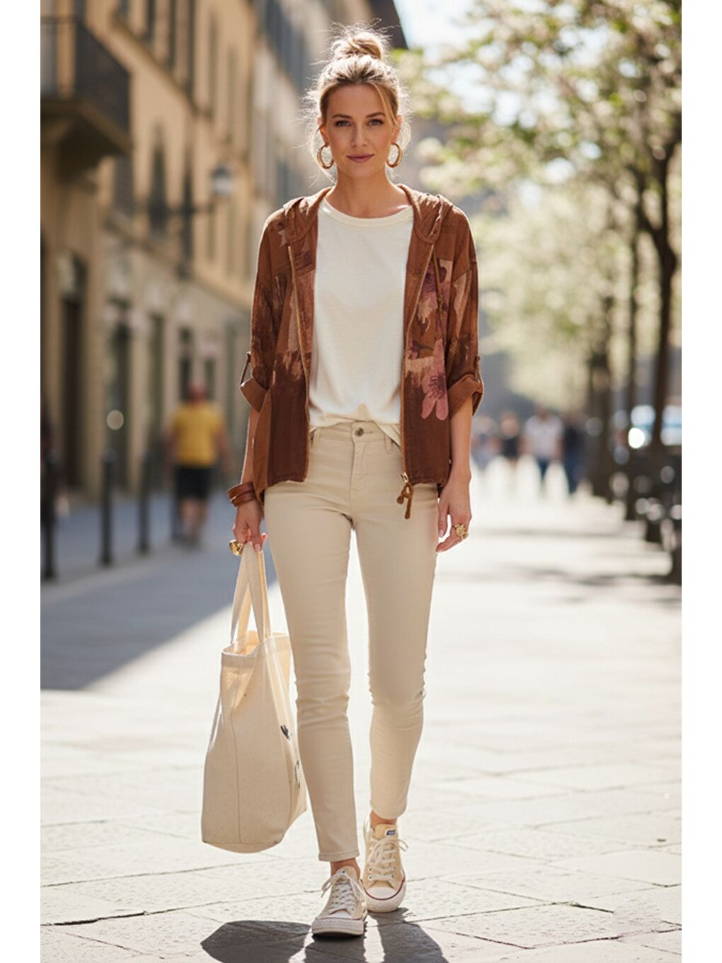 Kahverengi İtalyan Tarçın Rengi Kapüşonlu 3/4 Kol Fermuarlı Cepli Casual Keten Görünümlü Dokuma Ceket 68 65-5