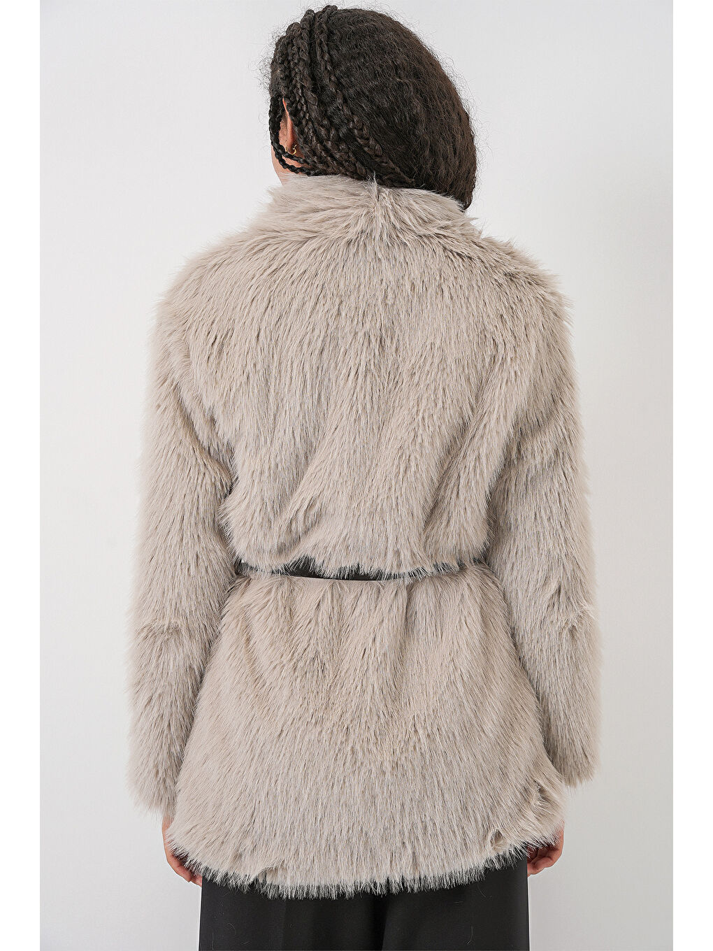 Bej Kadın Kemerli Oversize Kürklü Kaban 9156 - Taş-5