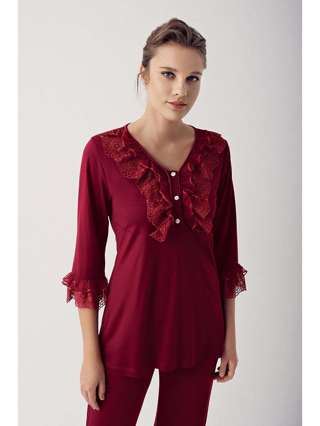 Bordo Dantelli Düğmeli Esnek Viskoz Pijama Takımı 14203-1