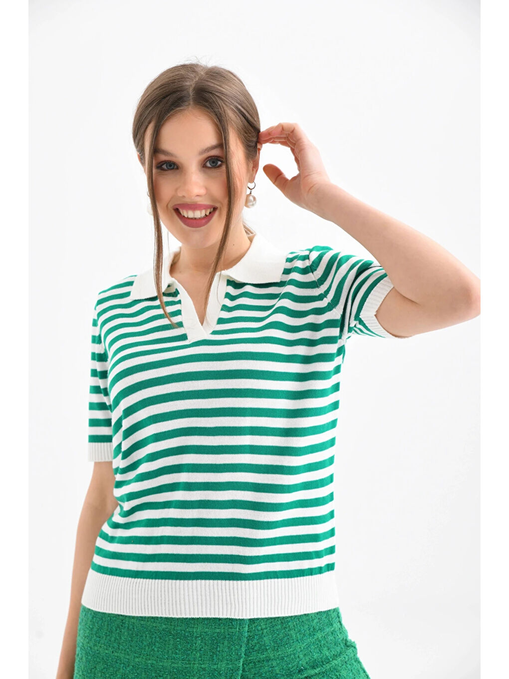 Yeşil Kadın Polo Yaka Kısa Kol Çizgili Triko Kazak-4