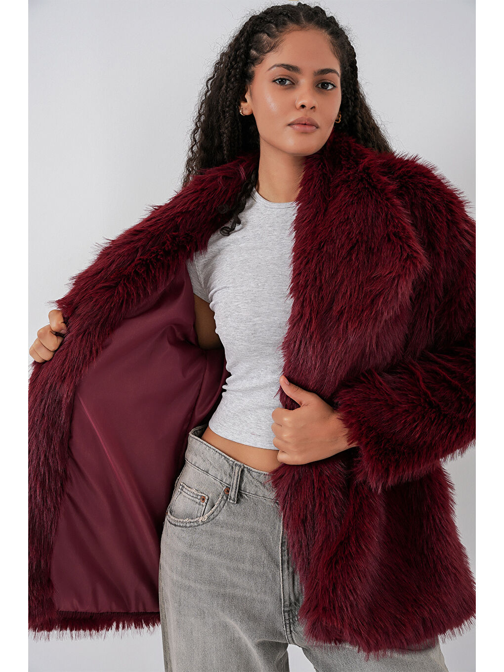 Kadın Kemerli Oversize Kürklü Kaban 9156 - Bordo-1