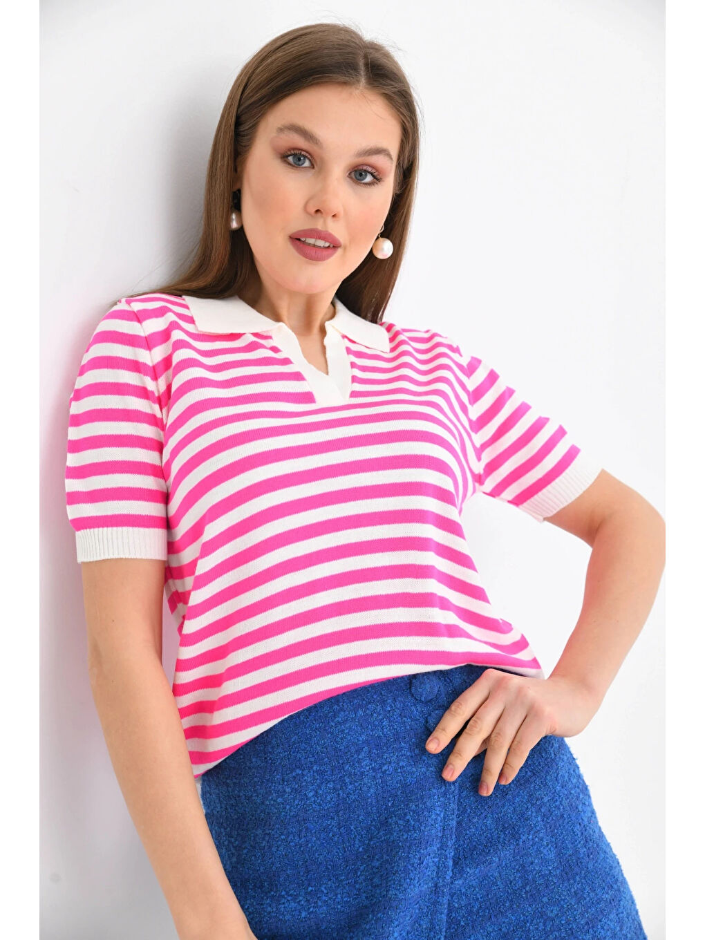Pembe Kadın Polo Yaka Kısa Kol Çizgili Triko Kazak-3