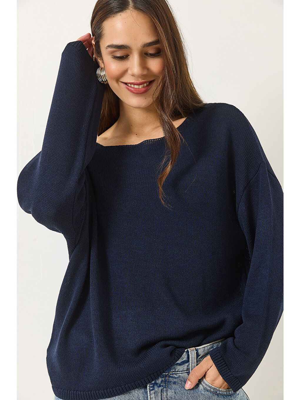 Lacivert Kadın Kayık Yaka Triko Merserize Basic Bluz