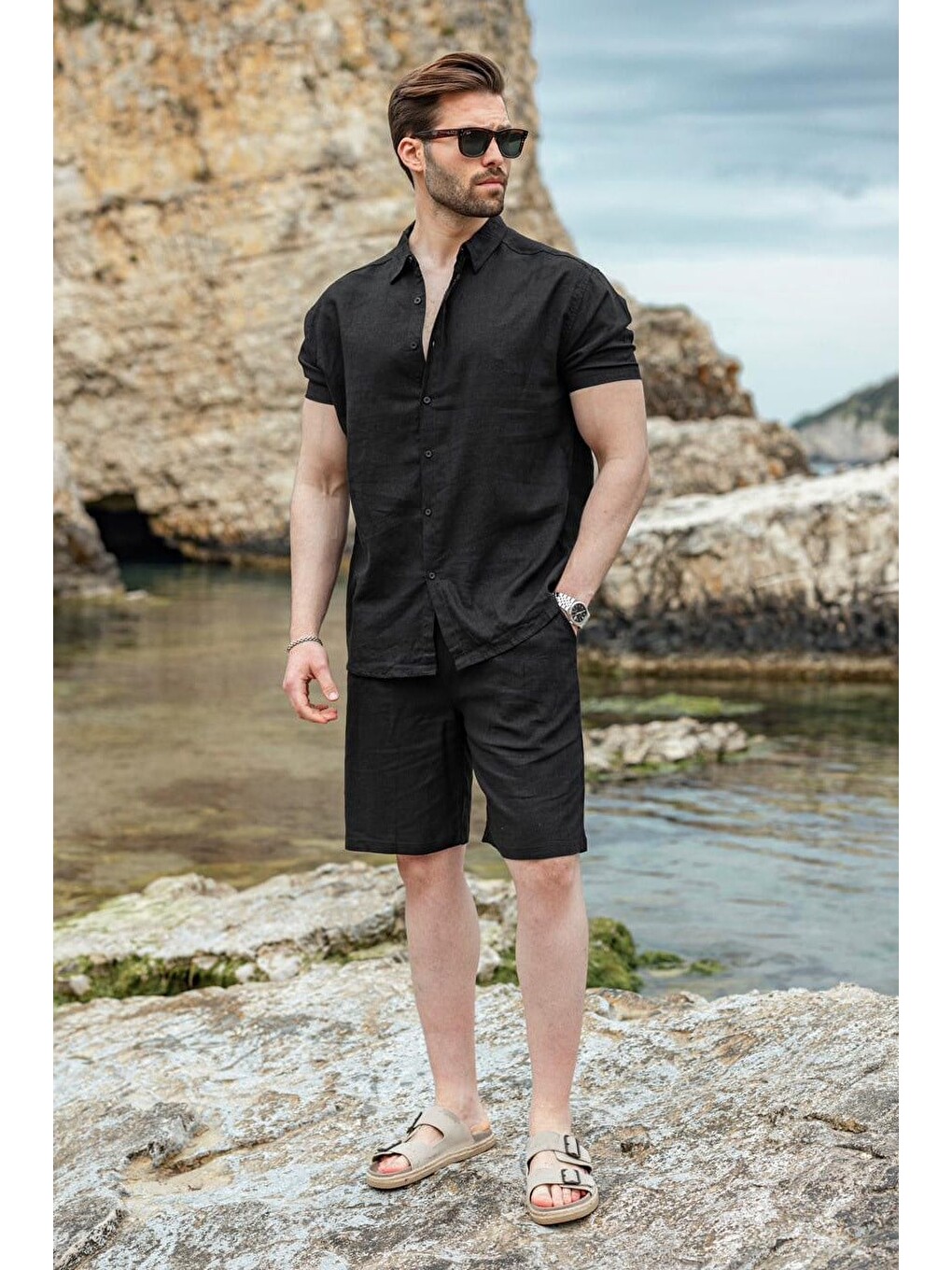 Siyah Keten Görünümlü Relax Fit Erkek Gömlek Şort Takım E7364-1