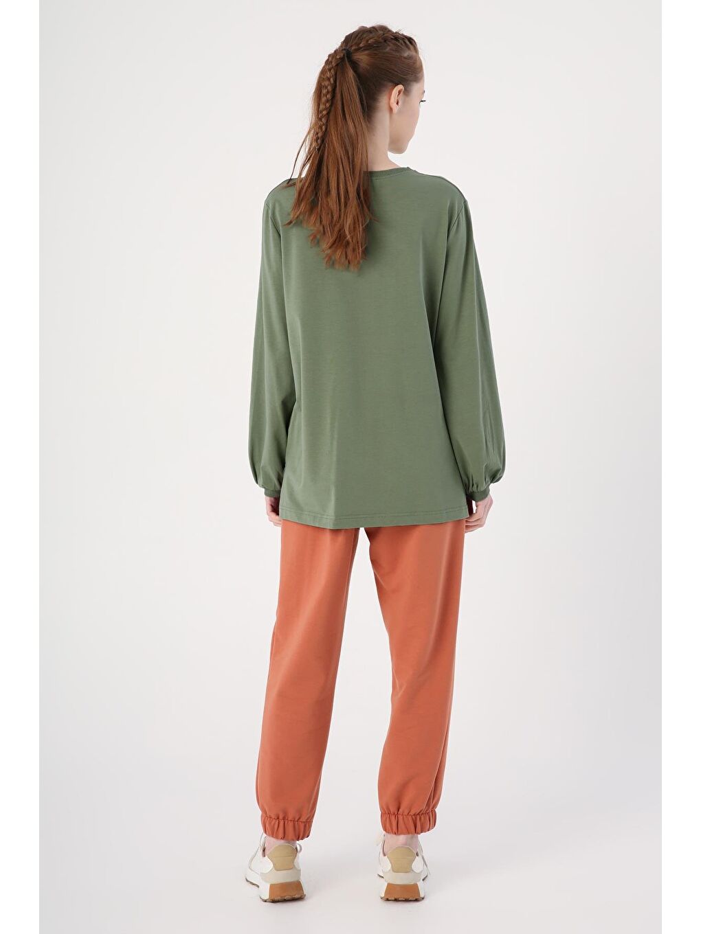 Haki Bisiklet Yaka Kol Ucu Büzgülü Elastanlı Pamuklu Bluz-3