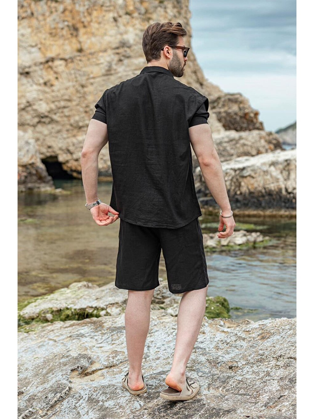 Siyah Keten Görünümlü Relax Fit Erkek Gömlek Şort Takım E7364-2