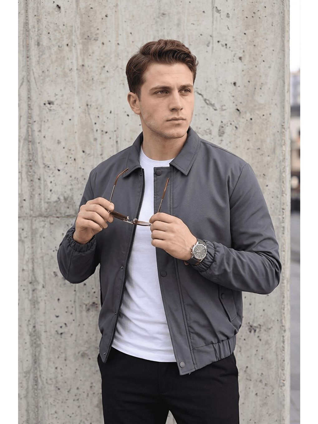 Gri Muxi Slim Fit Fermuarlı ve Çıtçıt Korumalı Astarlı Suya Dayanıklı Erkek Mevsimlik Bomber Ceket-1