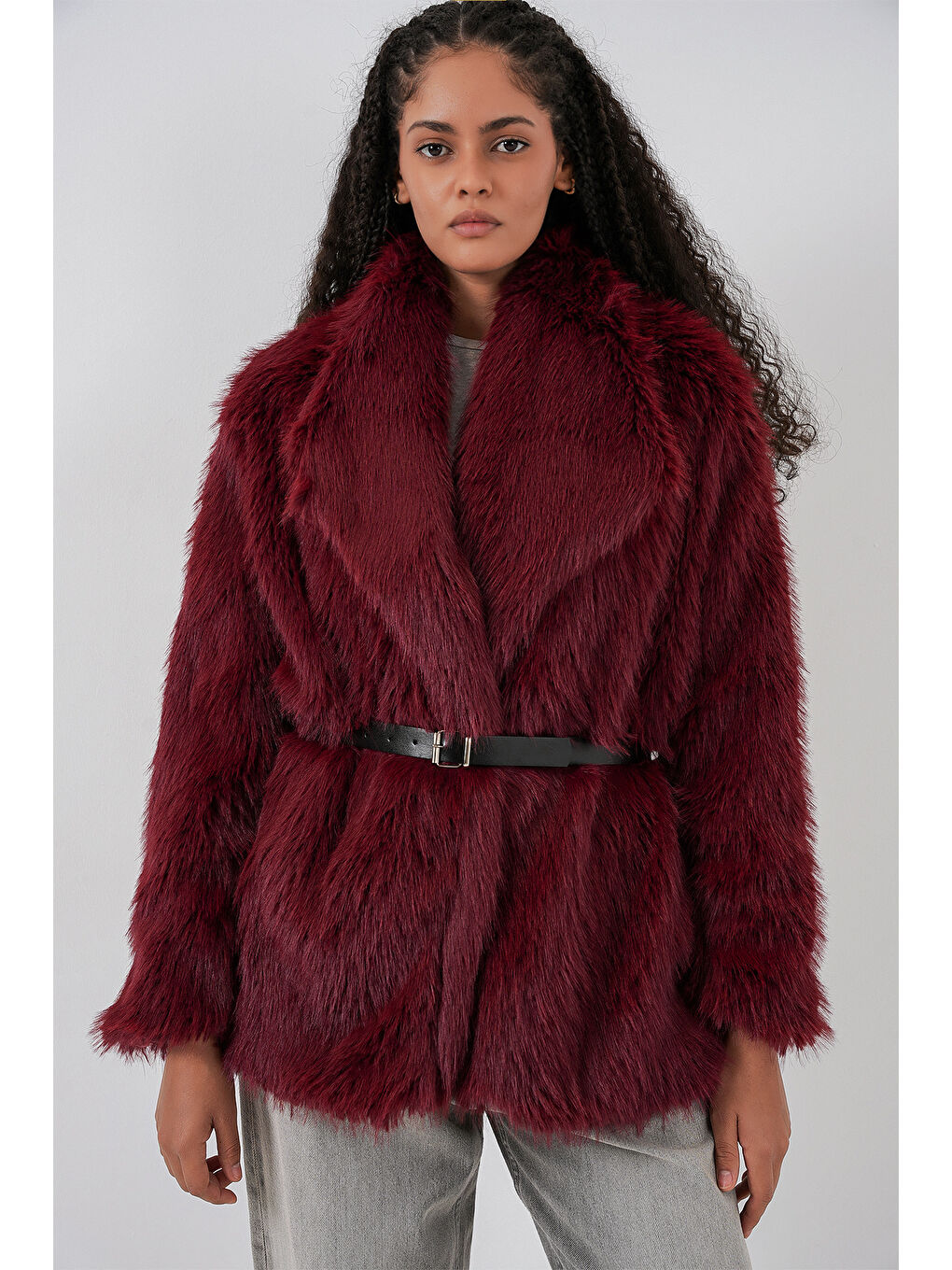 Kadın Kemerli Oversize Kürklü Kaban 9156 - Bordo-2