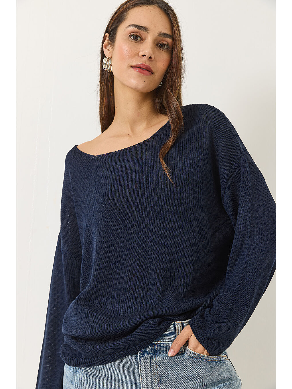 Lacivert Kadın Kayık Yaka Triko Merserize Basic Bluz-1